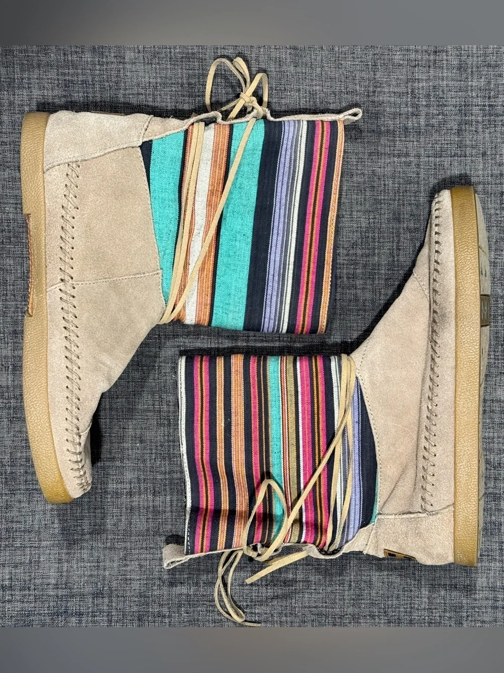 Toms Beige Suede Ankle Boots with Multicolor Striped Shaft